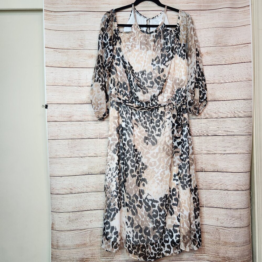 London Times Woman Cold Shoulder Midi Leopard Print Beige Brown Dress Size 1X